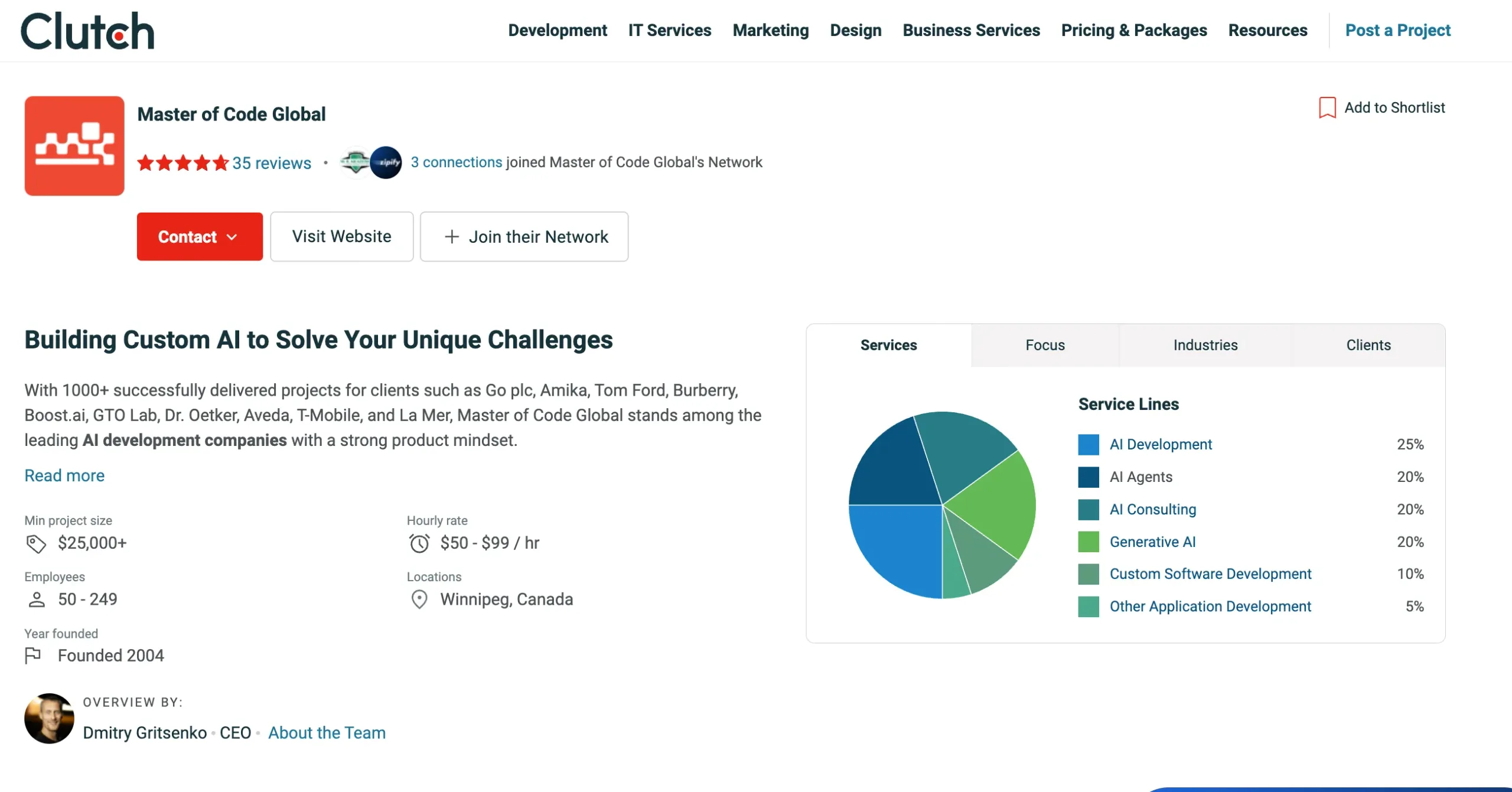 Master of Code Global Clutch profile showcasing conversational AI integration and AI agent deployment across customer platforms