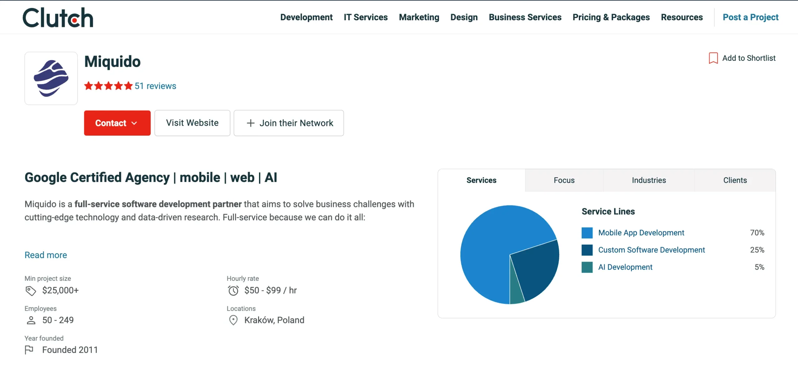 Miquido Clutch profile showcasing AI integration within mobile apps, web platforms, and data-driven software solutions