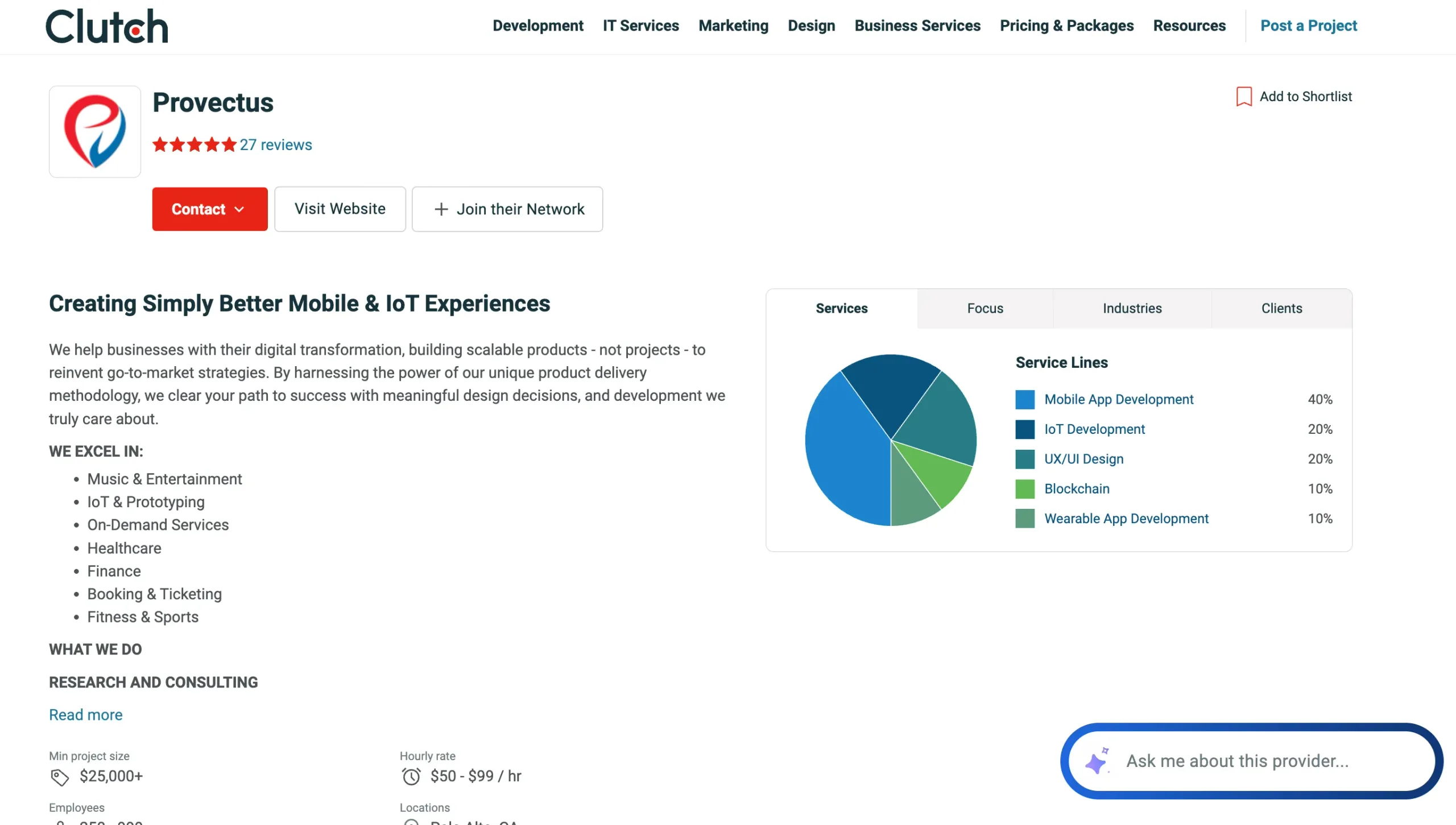 Provectus Clutch profile showcasing AI integration, data platforms, and enterprise AI infrastructure solutions
