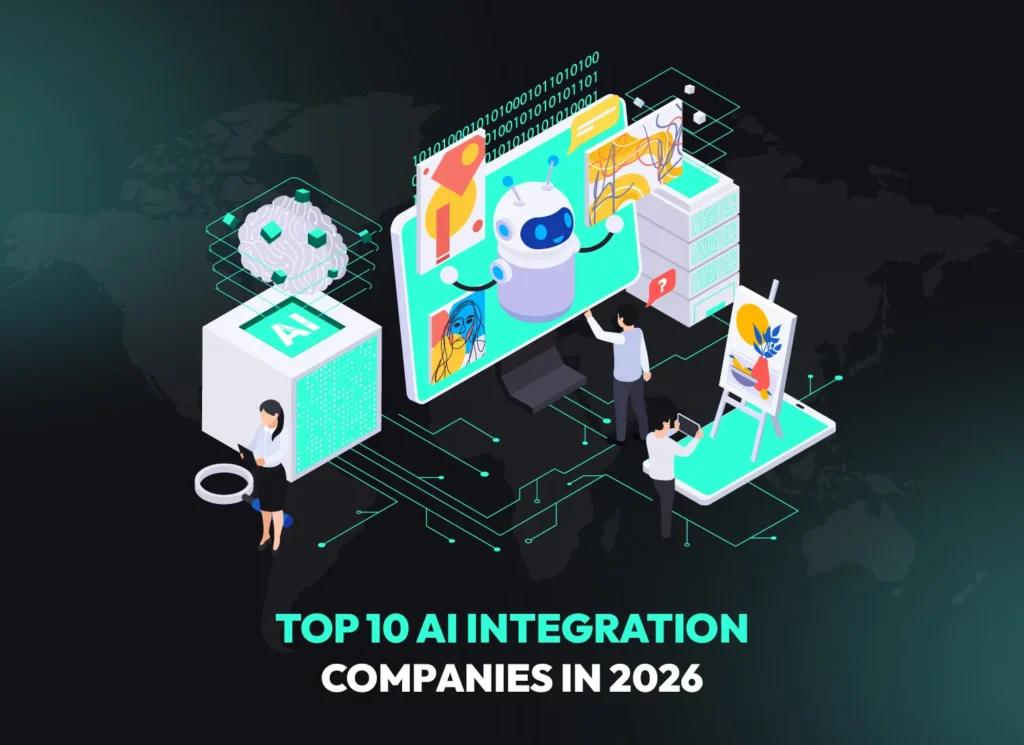 Top AI integration development companies in 2026 illustration showing artificial intelligence, automation, and enterprise system integration