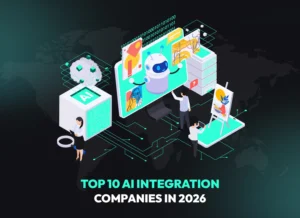 Top AI integration development companies in 2026 illustration showing artificial intelligence, automation, and enterprise system integration