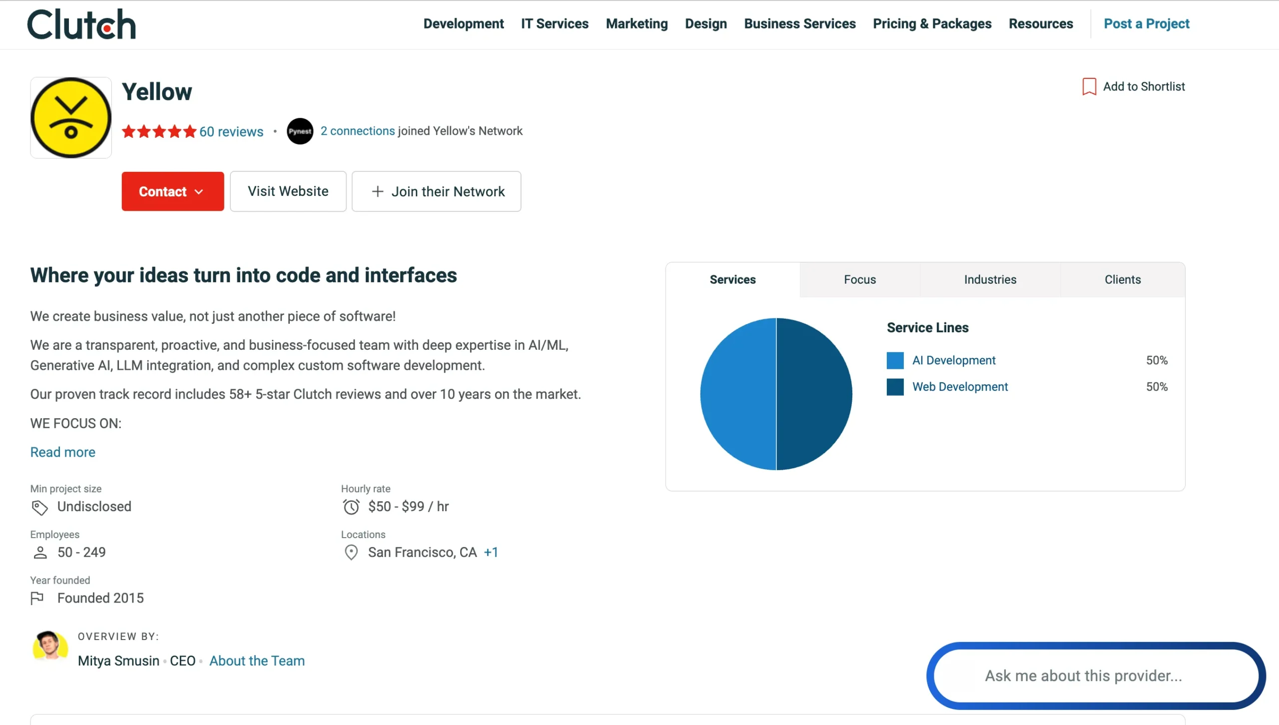 Yellow Clutch profile AI chatbot development company generative AI solutions and conversational AI platform services