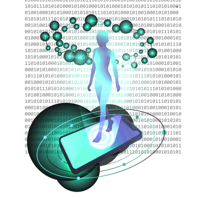 An image of a woman standing on a cell phone with a digital background, symbolizing AI Integration Services.
