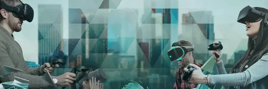 Experience our educational app development services through the immersive world of virtual reality, as depicted by a man and woman wearing VR glasses.