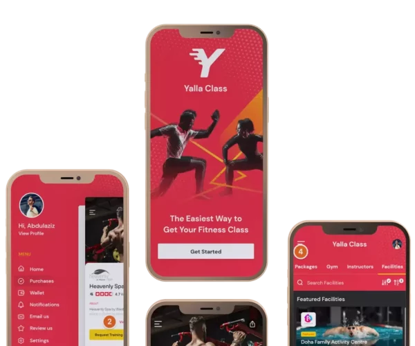 A mobile phone with red Background application showing yalla Class.