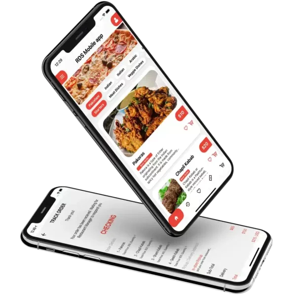 Two Mobile phones showing the menu of restaurant from foodopea mobile app and RMS.