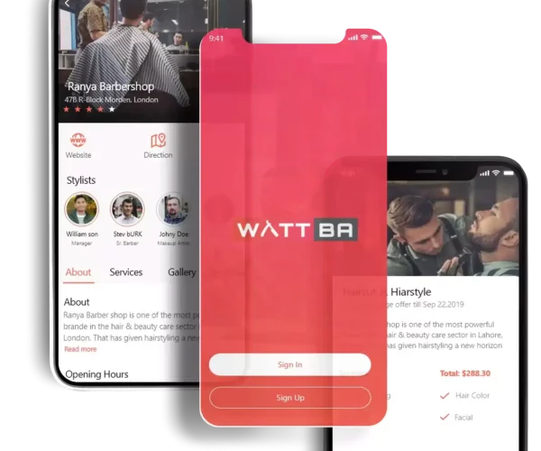 Multuple mobile phone screens showing red and white colour background of an application named wattba app.